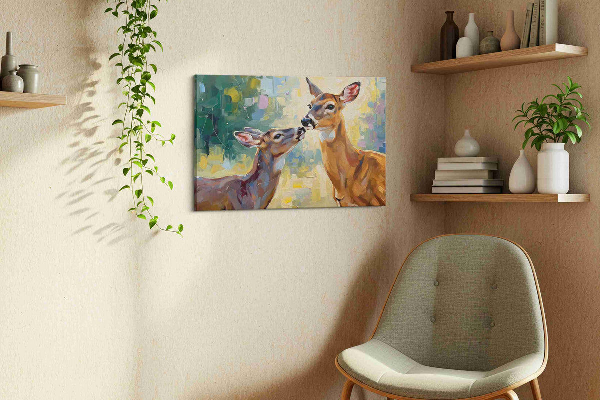 Whispering Woods Harmony animals canvas print, displayed in a living room