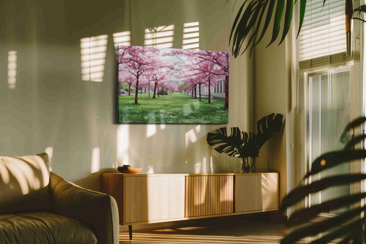 Whispers of Cherry Blossoms nature canvas print in a hung canvas mockup