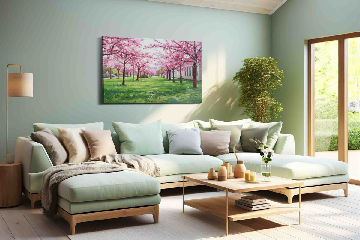 Whispers of Cherry Blossoms nature canvas print shown in a wall scene