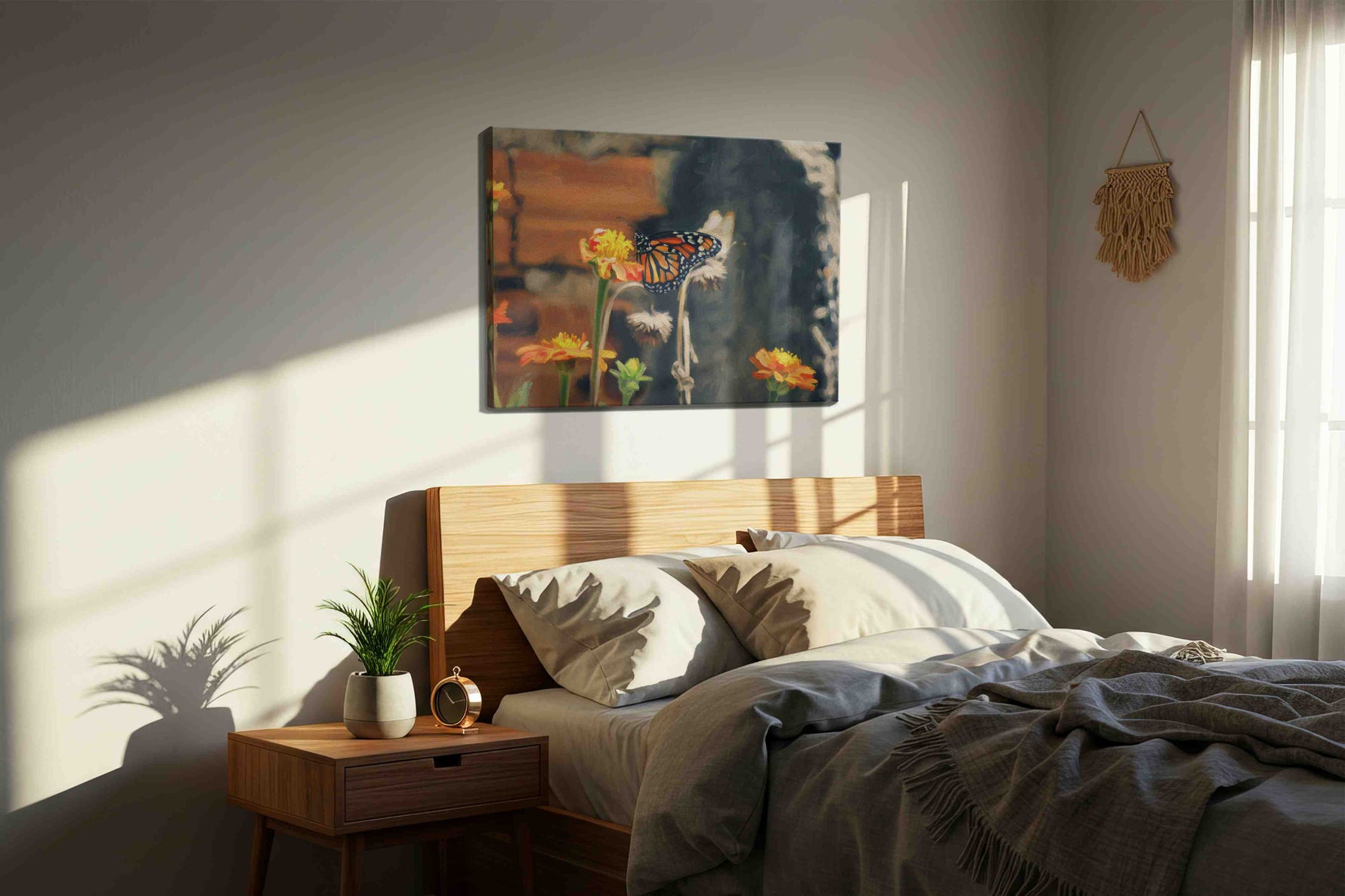 Whispers of Monarch Butterfly floral canvas print, displayed in a bedroom