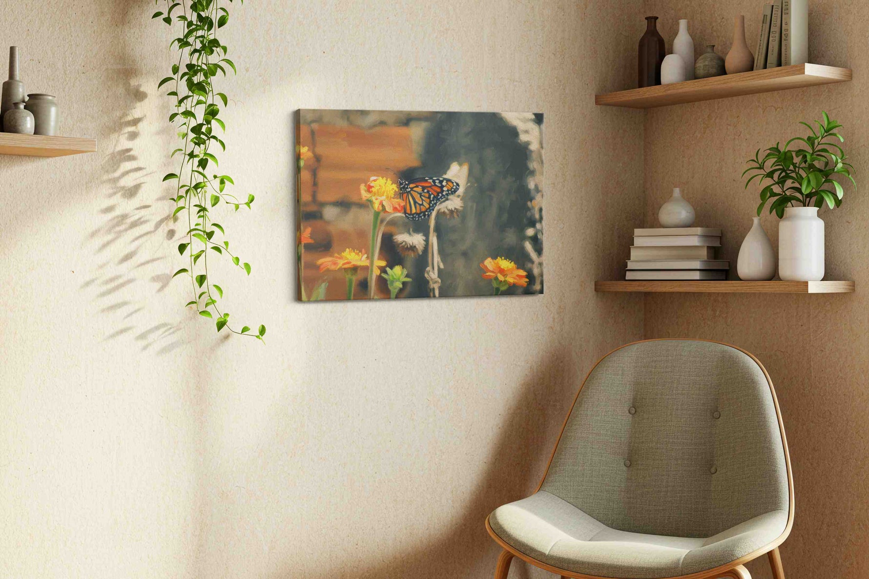 Whispers of Monarch Butterfly floral canvas print, hanging on wall — view 3