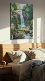 Whispers of Serene Falls landscape canvas print, displayed in a bedroom