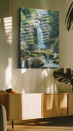 Whispers of Serene Falls landscape canvas print in a hung canvas mockup