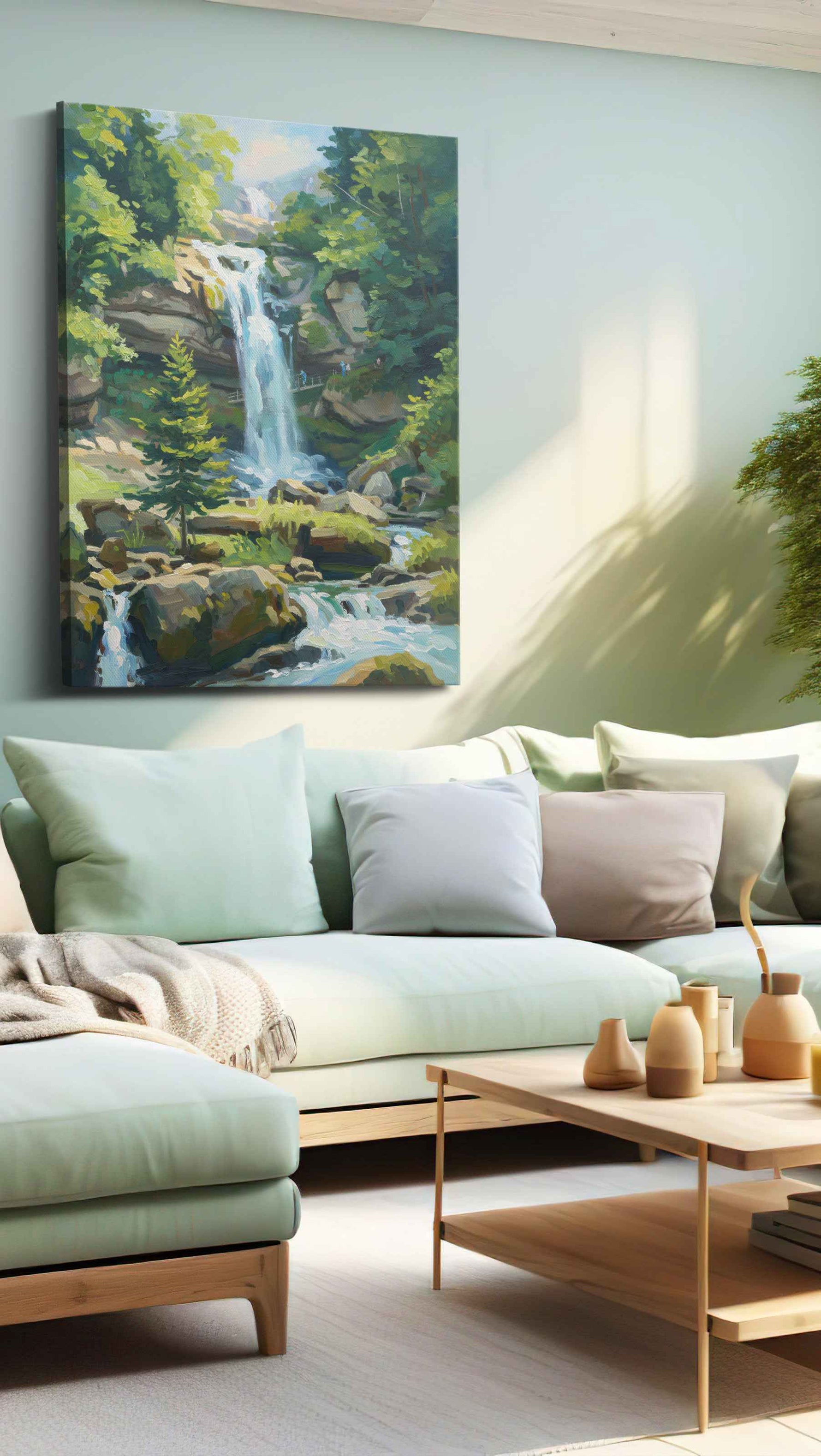 Whispers of Serene Falls landscape canvas print, hanging on wall