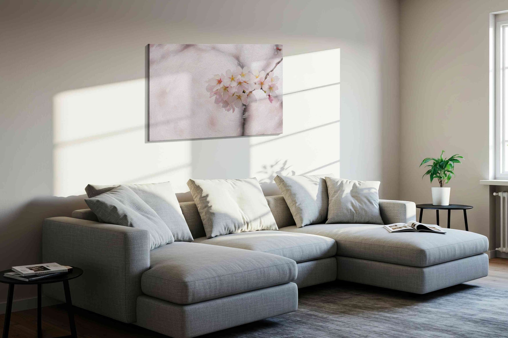 Whispers of Spring Bloom floral canvas print, displayed in a living room
