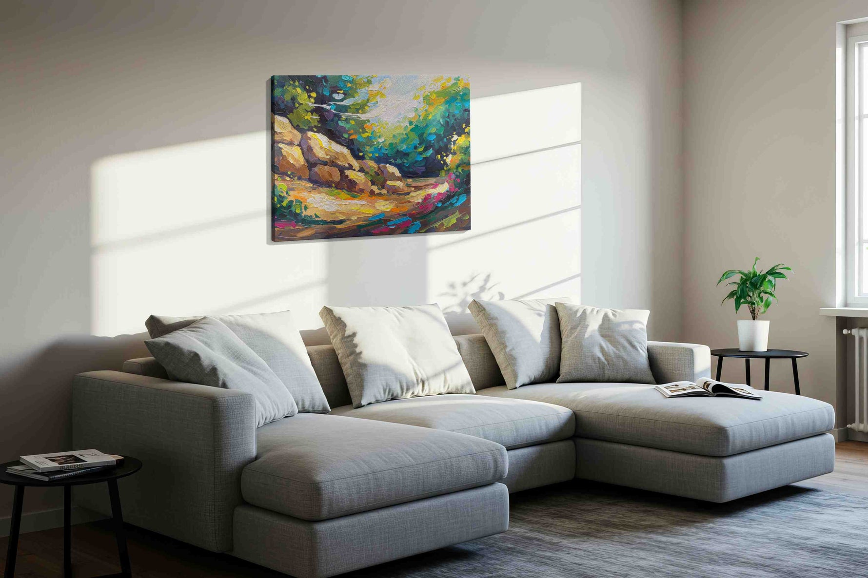 Whispers of Sunlit Glade landscape canvas print, displayed in a living room