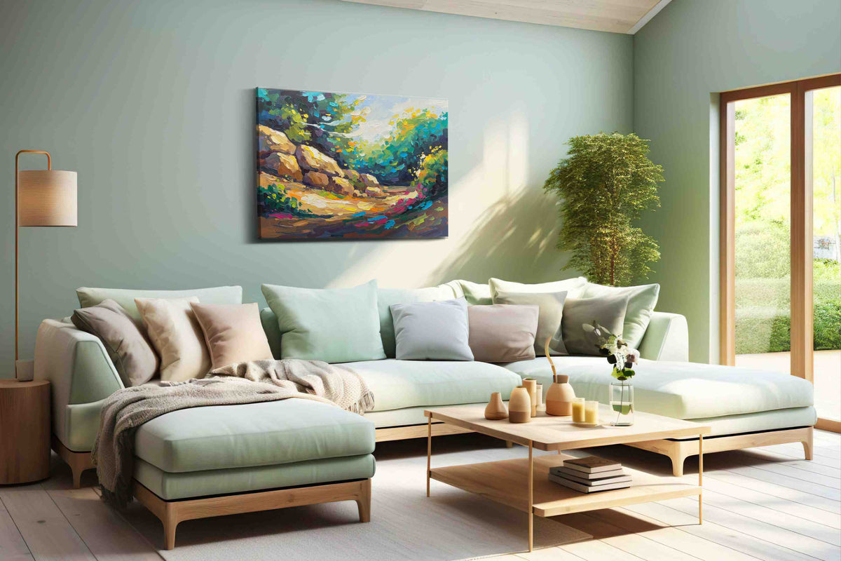 Whispers of Sunlit Glade landscape canvas print, hanging on wall