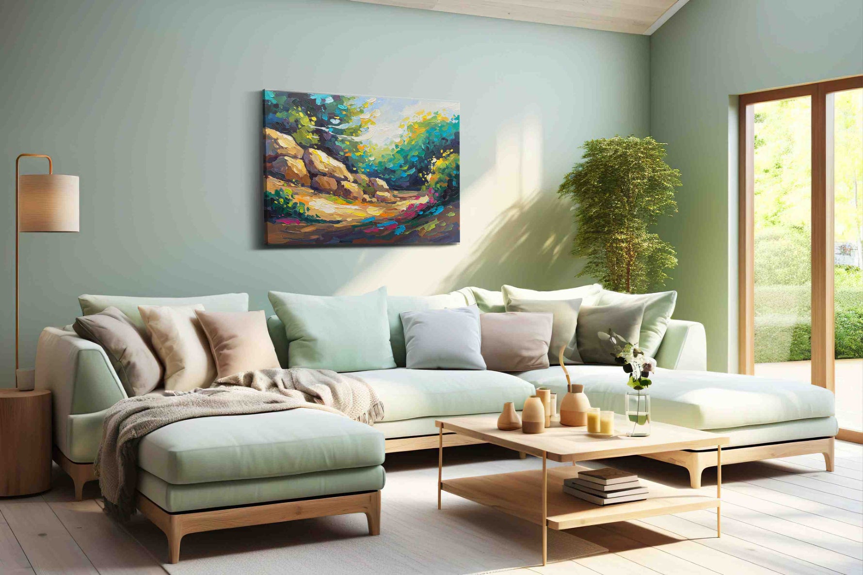 Whispers of Sunlit Glade landscape canvas print, hanging on wall