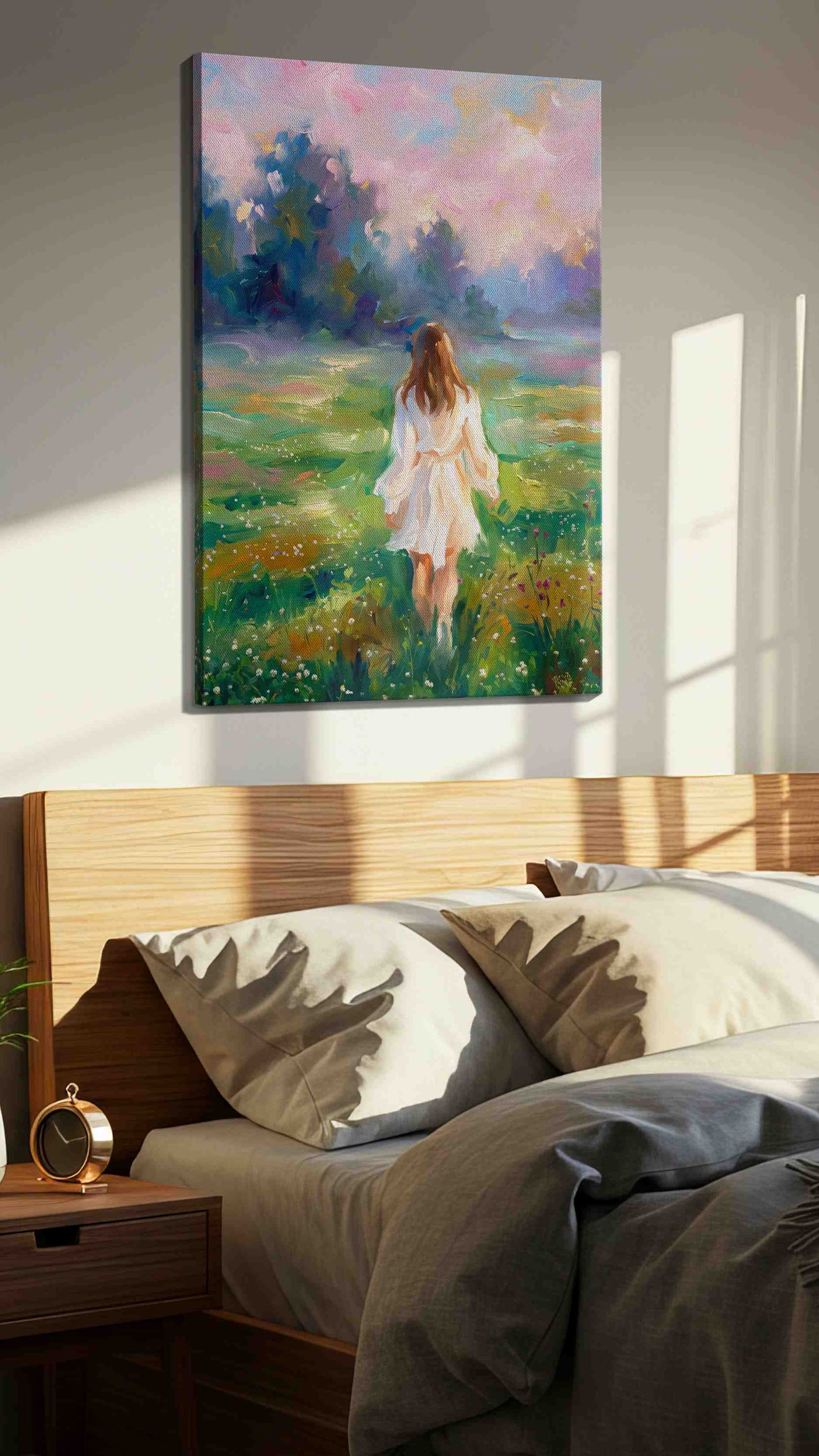 Whispers of a Dreamy Meadow landscape canvas print, displayed in a bedroom