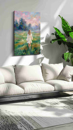 Whispers of a Dreamy Meadow landscape canvas print, hanging on wall — in a hung canvas mockup