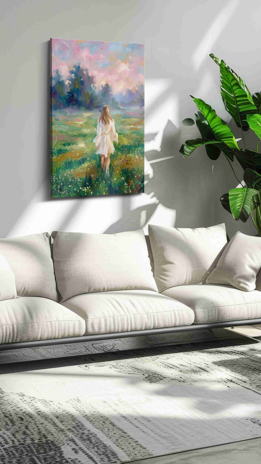 Whispers of a Dreamy Meadow landscape canvas print, hanging on wall — in a hung canvas mockup