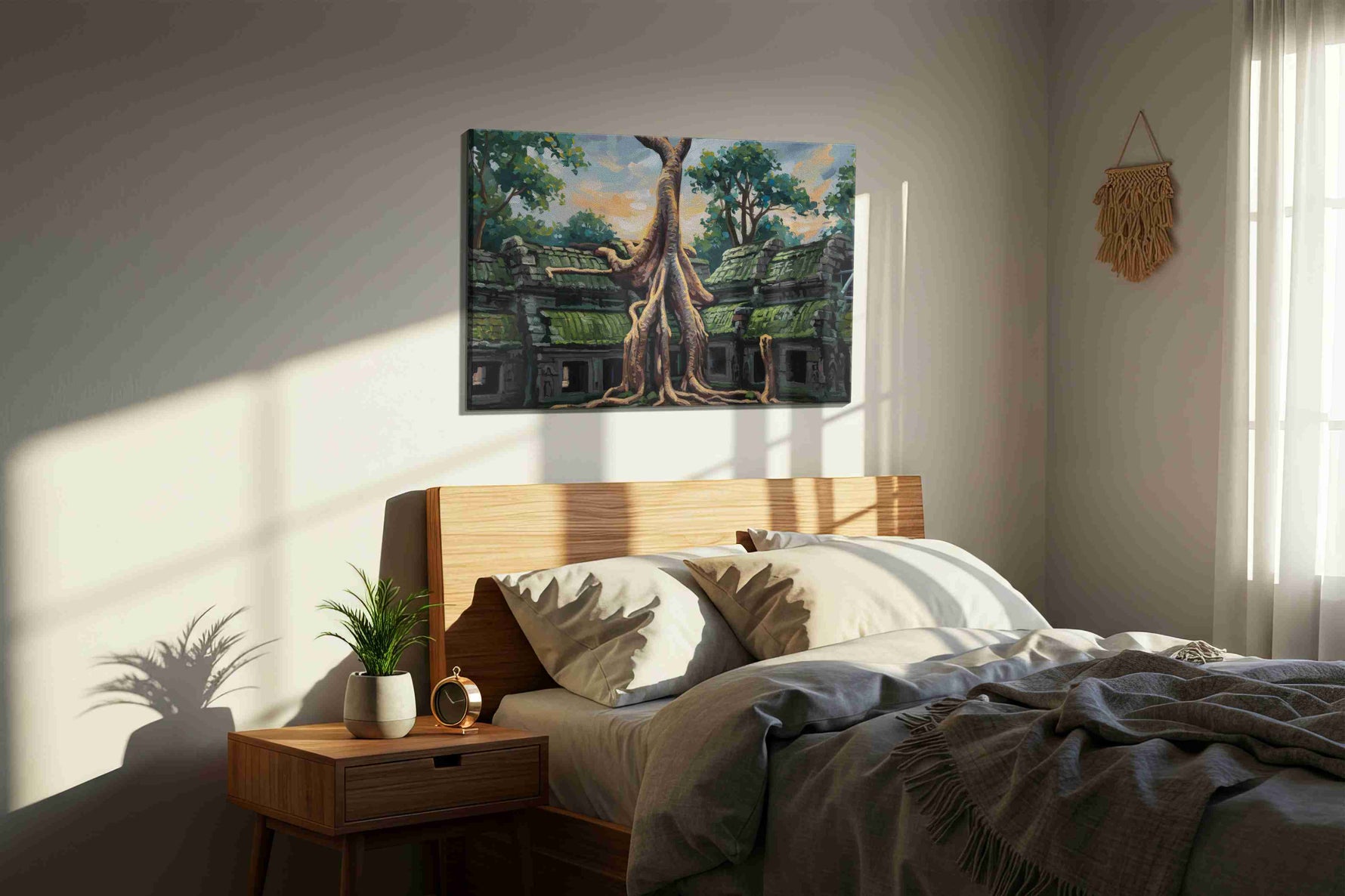Whispers of the Ancient Grove landscape canvas print, displayed in a bedroom