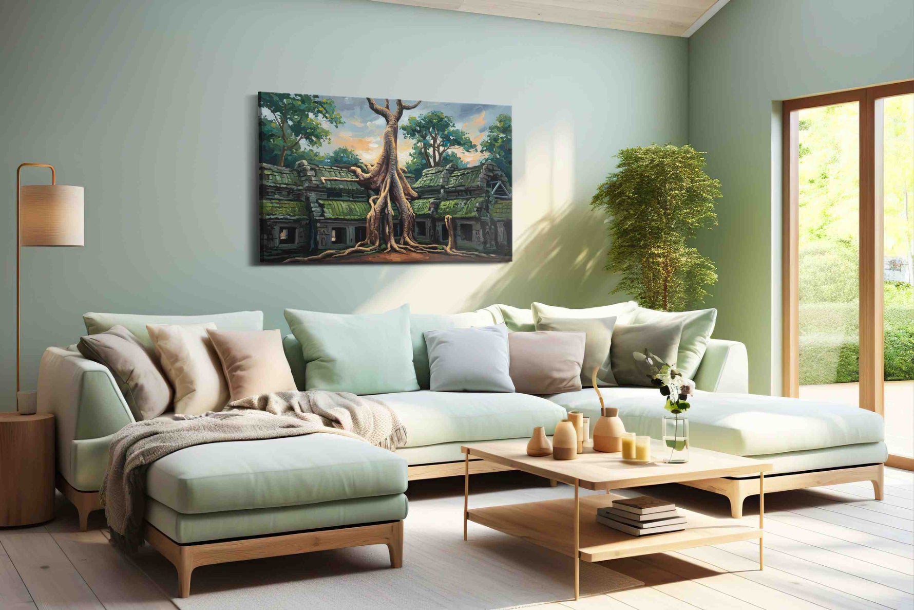 Whispers of the Ancient Grove landscape canvas print shown in a wall scene
