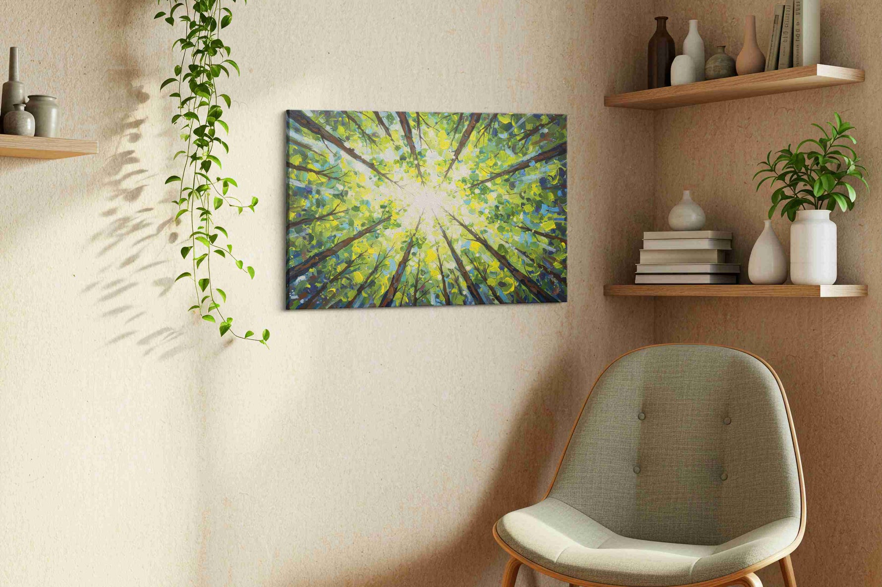 Whispers of the Canopy II nature canvas print styled in a living room