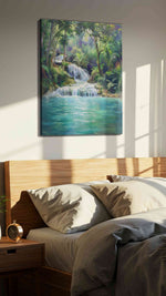 Whispers of the Emerald Cascade landscape canvas print, displayed in a bedroom