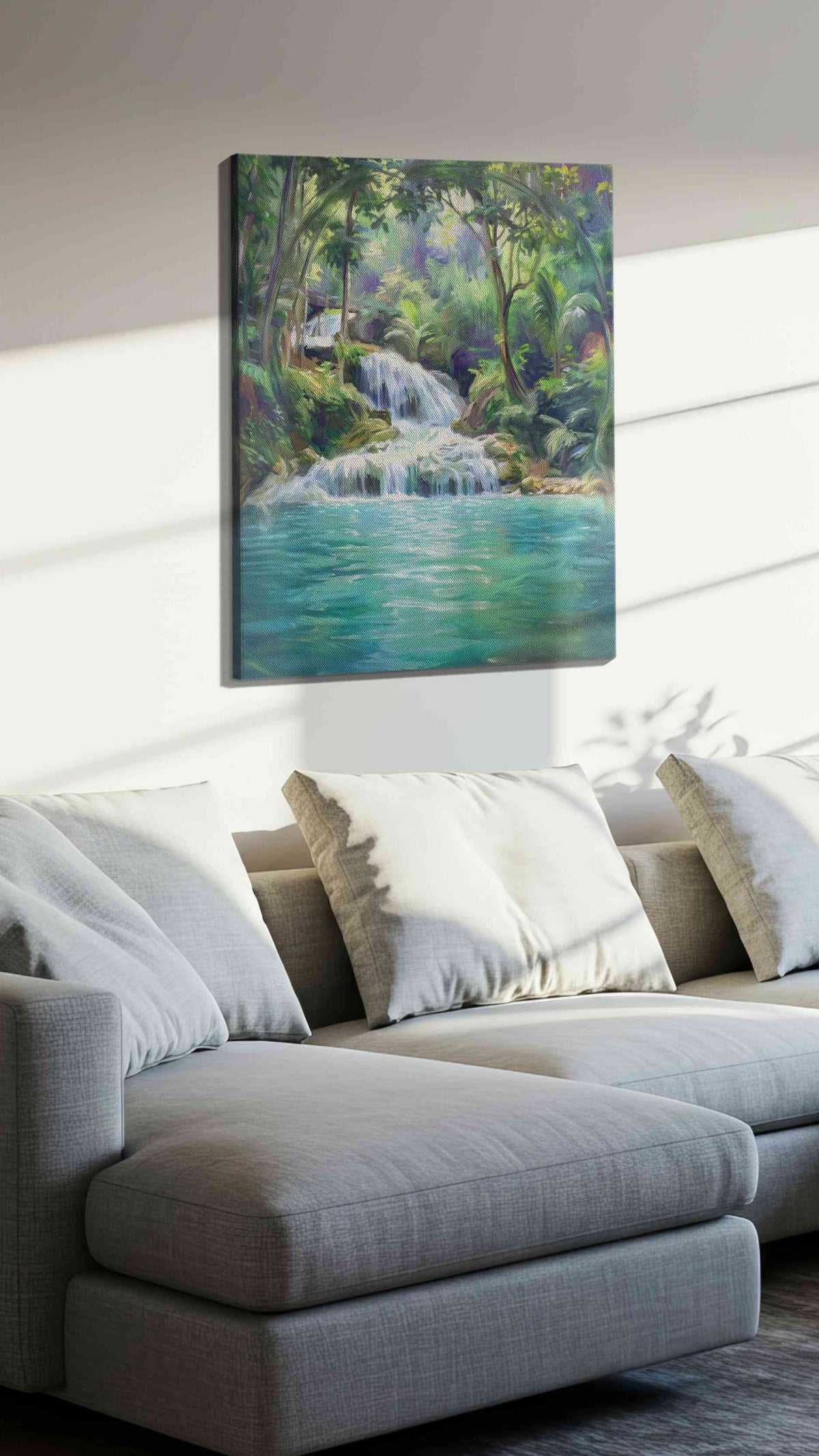 Whispers of the Emerald Cascade landscape canvas print, displayed in a living room