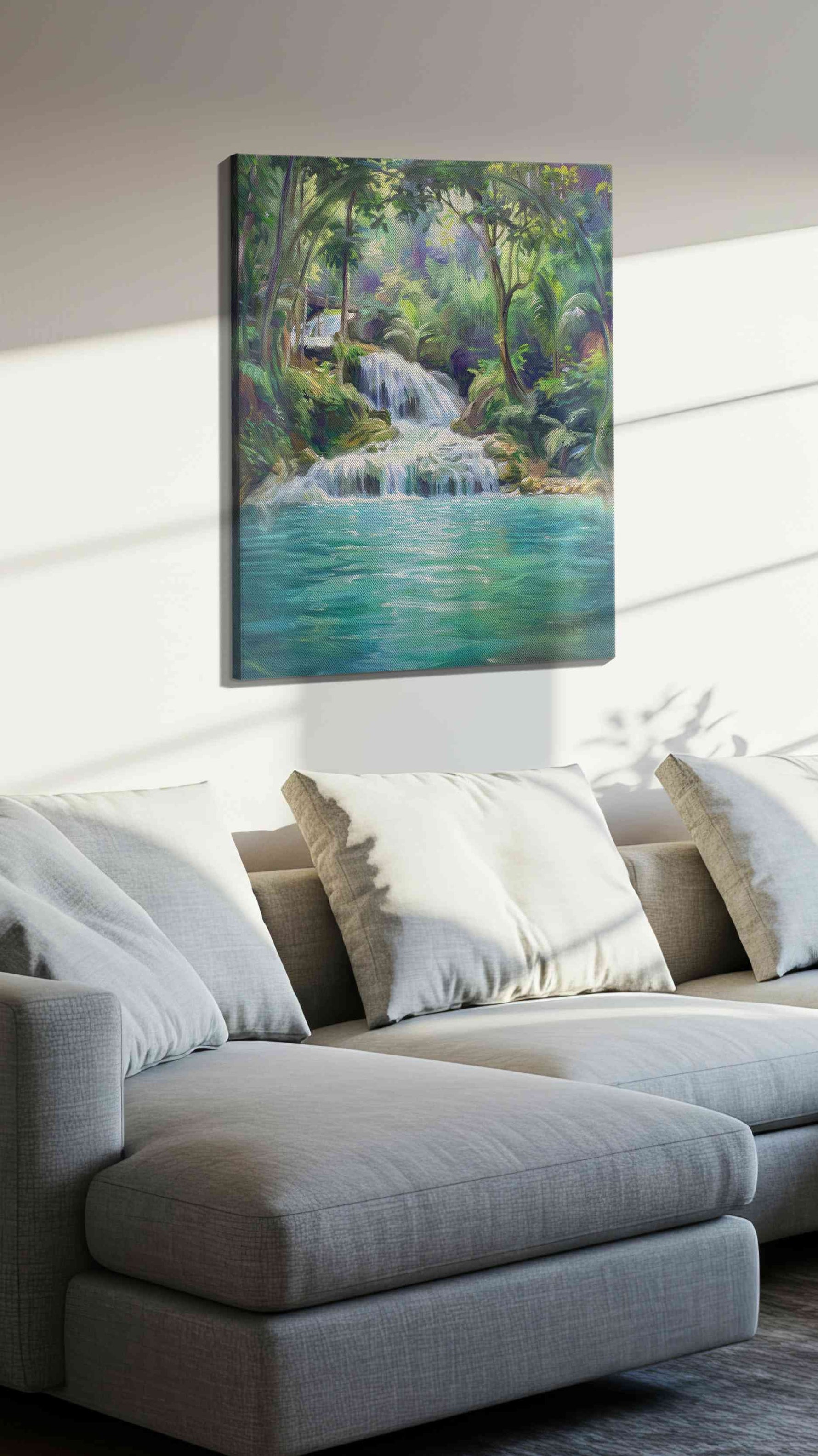 Whispers of the Emerald Cascade landscape canvas print, displayed in a living room