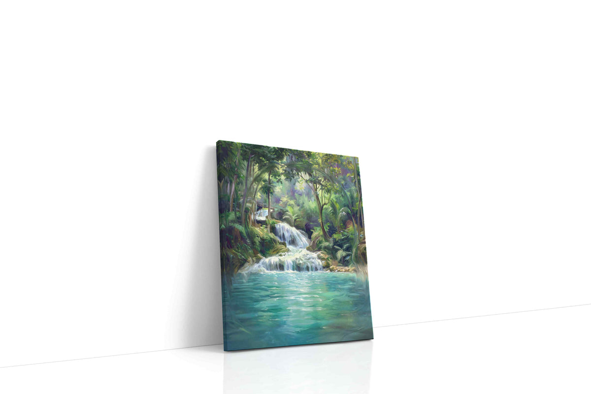 Whispers of the Emerald Cascade landscape canvas print gallery-wrapped portrait canvas studio shot