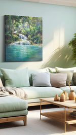 Whispers of the Emerald Cascade landscape canvas print shown in a wall scene