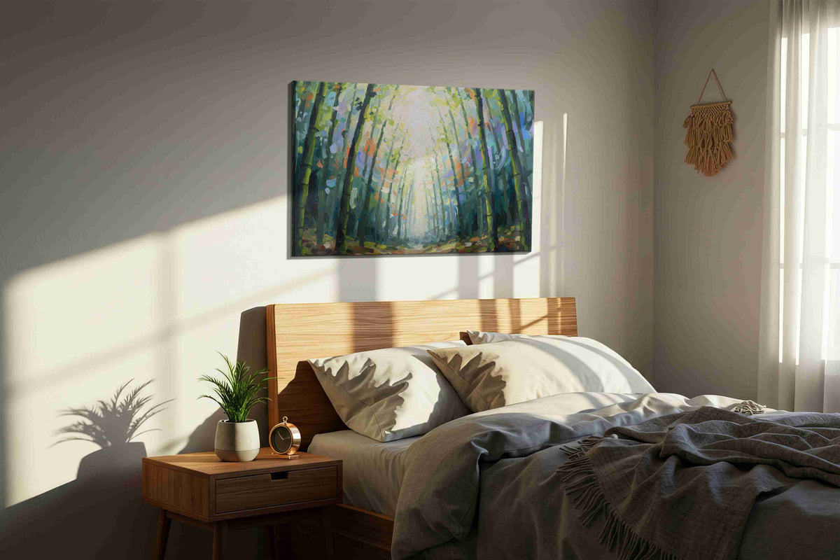 Whispers of the Enchanted Grove II nature canvas print, displayed in a bedroom