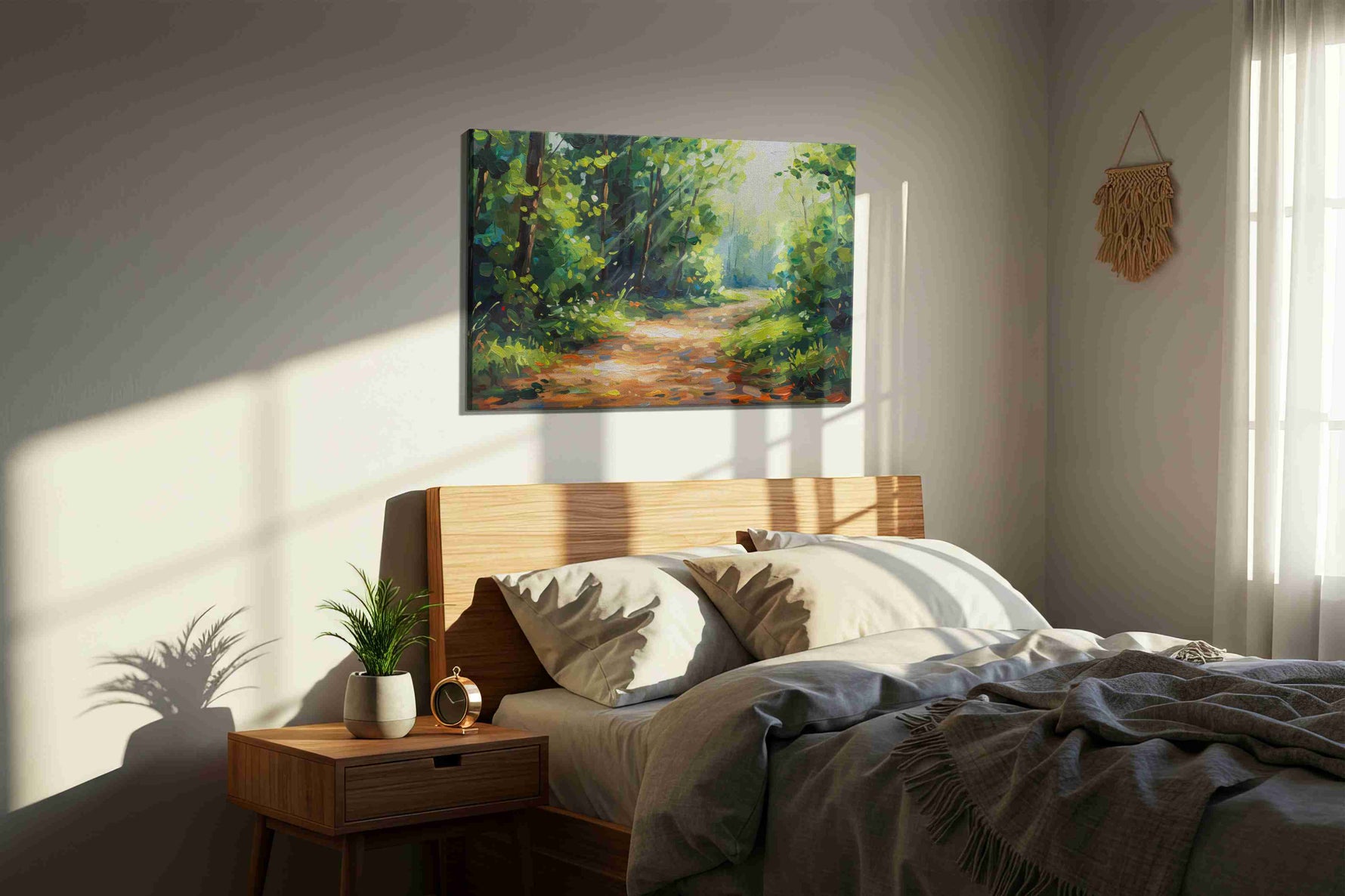 Whispers of the Forest Trail nature canvas print, displayed in a bedroom