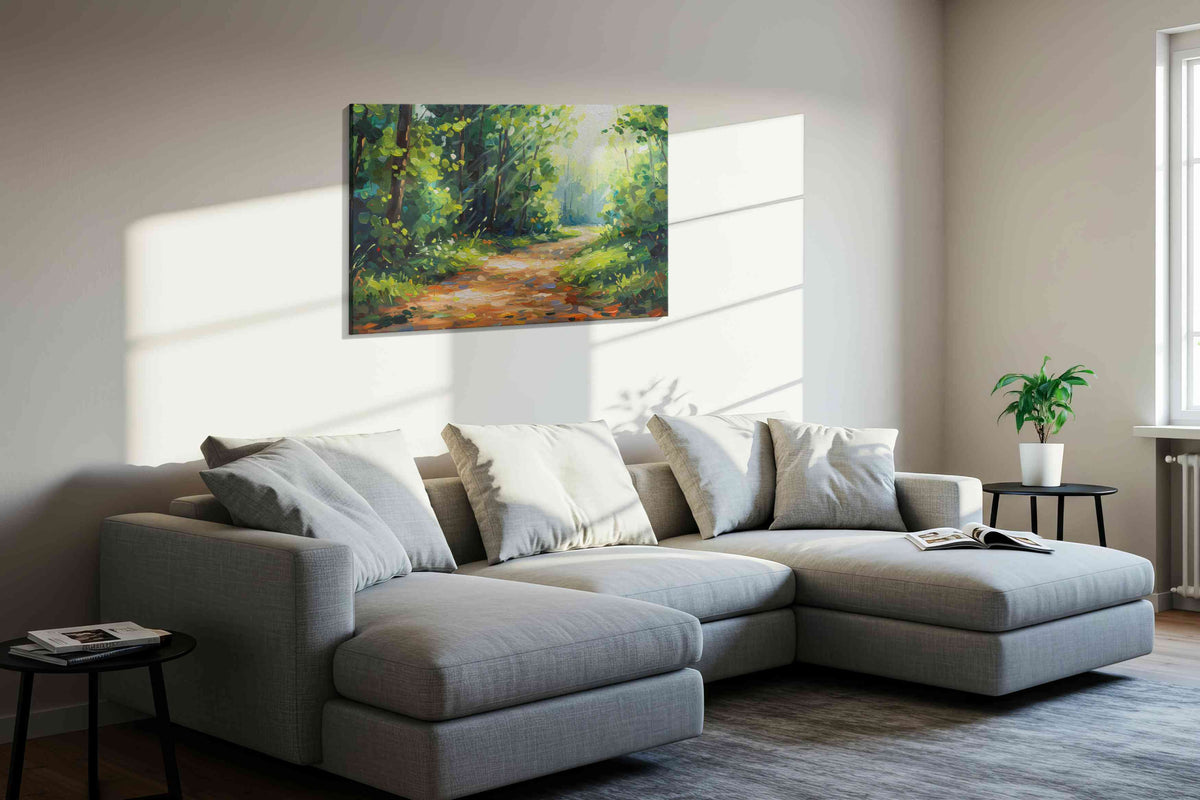 Whispers of the Forest Trail nature canvas print, displayed in a living room