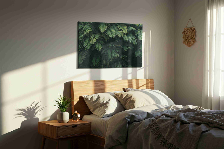 Whispers of the Jungle Canopy leaves canvas print, displayed in a bedroom