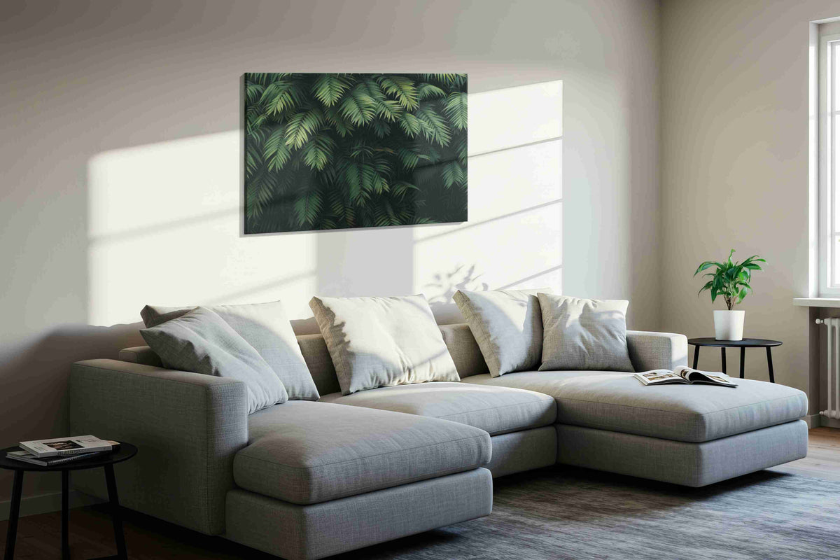 Whispers of the Jungle Canopy leaves canvas print, displayed in a living room