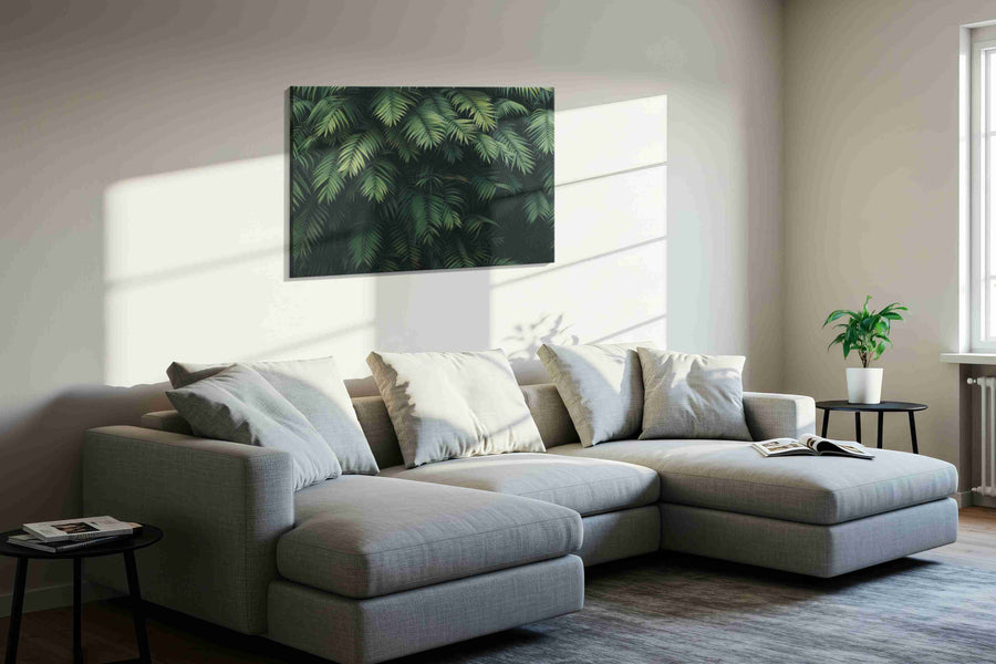 Whispers of the Jungle Canopy leaves canvas print, displayed in a living room