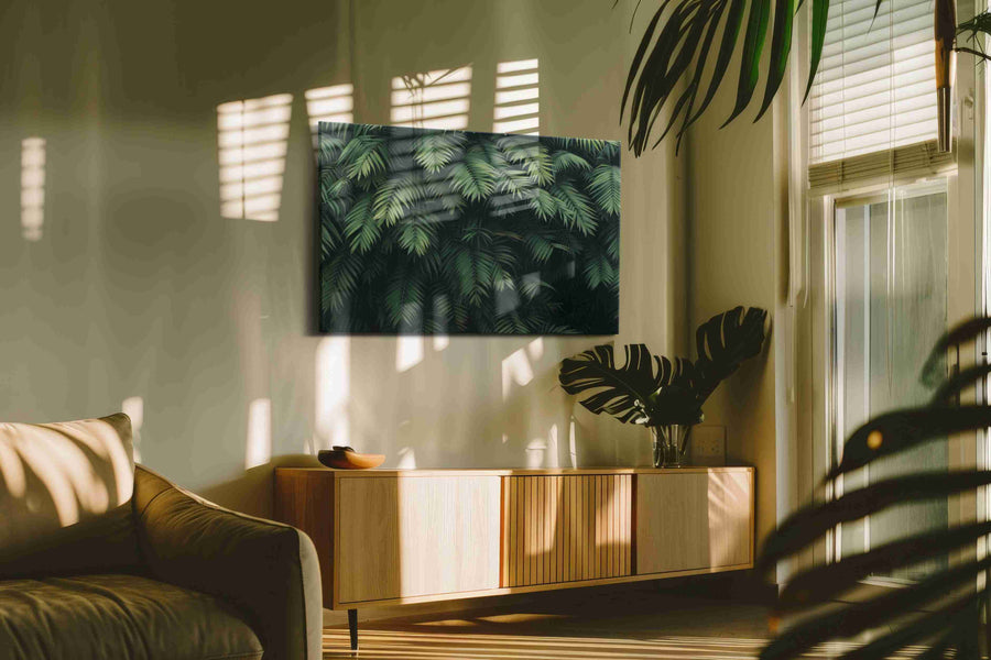 Whispers of the Jungle Canopy leaves canvas print in a hung canvas mockup