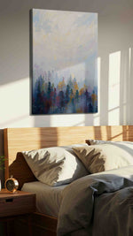 Whispers of the Misty Forest landscape canvas print, displayed in a bedroom