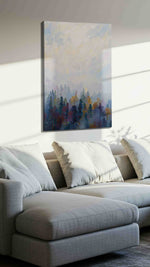 Whispers of the Misty Forest landscape canvas print, displayed in a living room