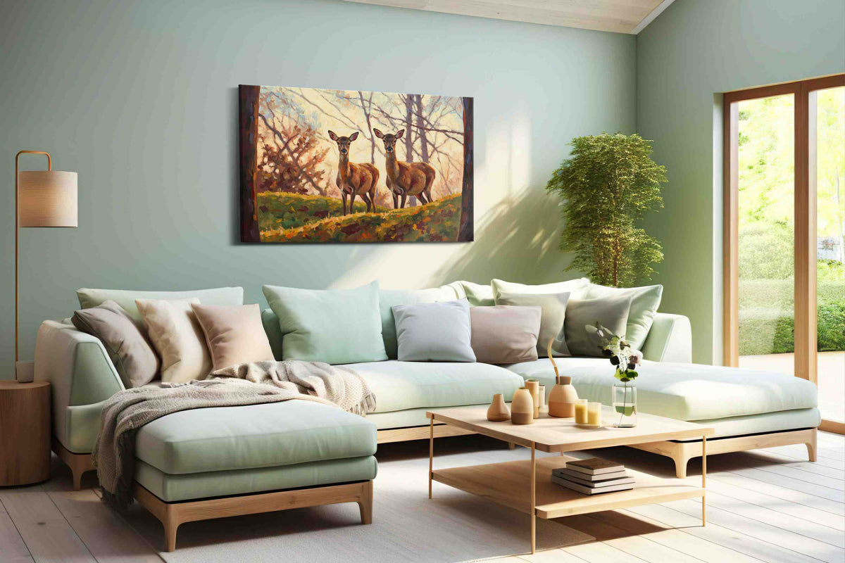 Whispers of the Woodland Dawn nature canvas print shown in a wall scene