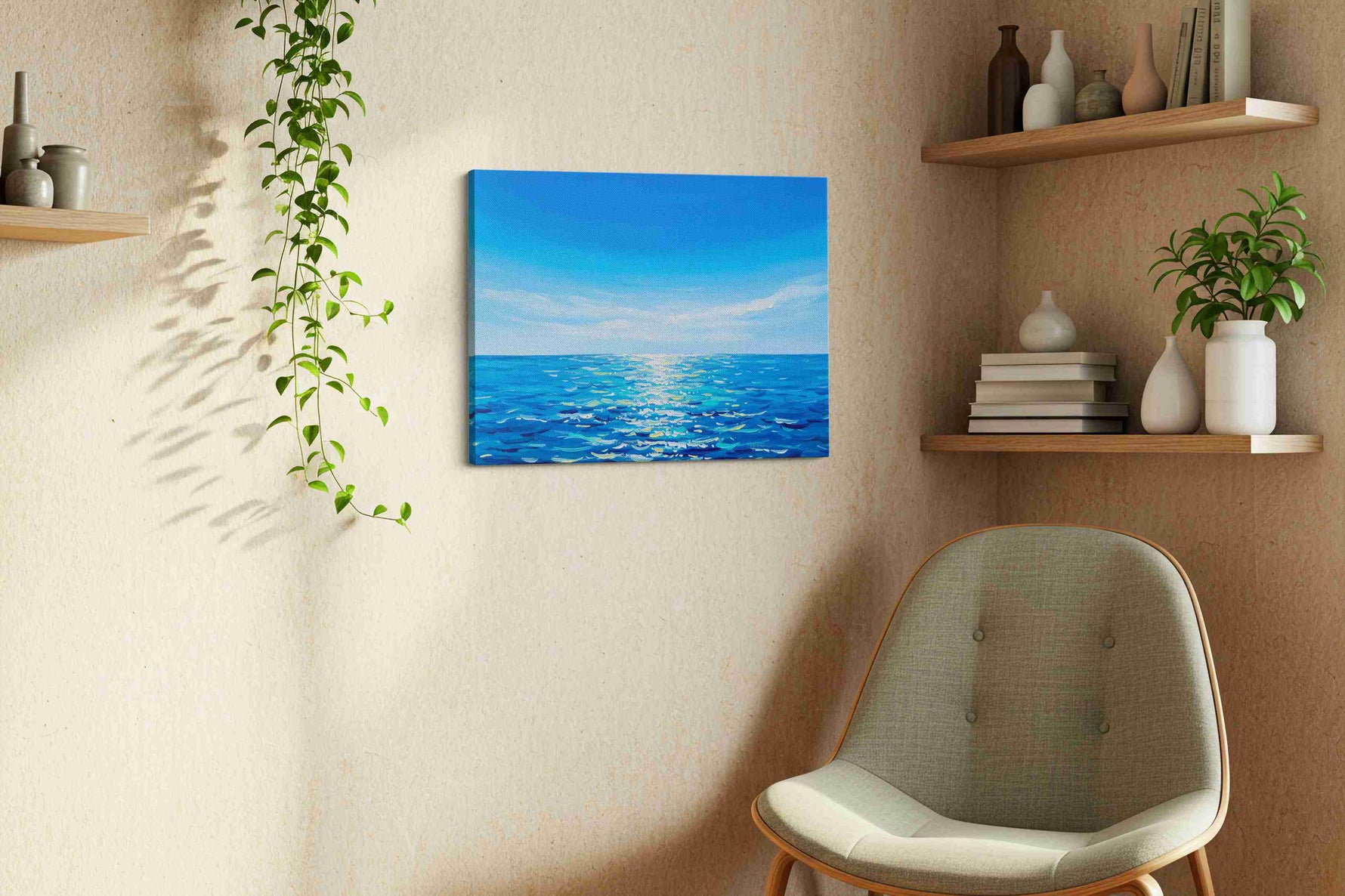 Azure Horizon Reflections ocean canvas print, displayed in a living room