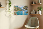 Coastal Serenade in Amalfi beach canvas print styled in a living room