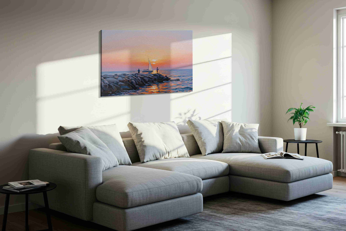 Dawn Serenity Seascape beach canvas print, displayed in a living room