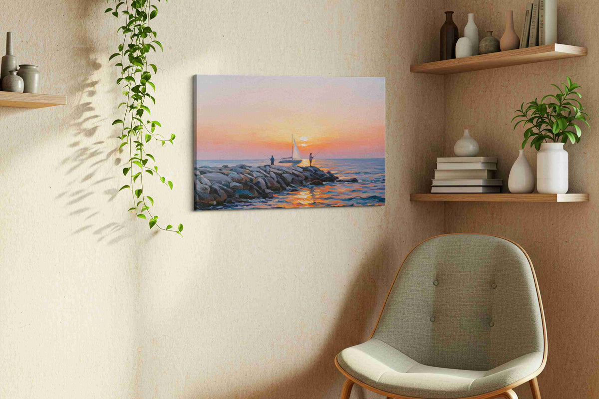Dawn Serenity Seascape beach canvas print styled in a living room