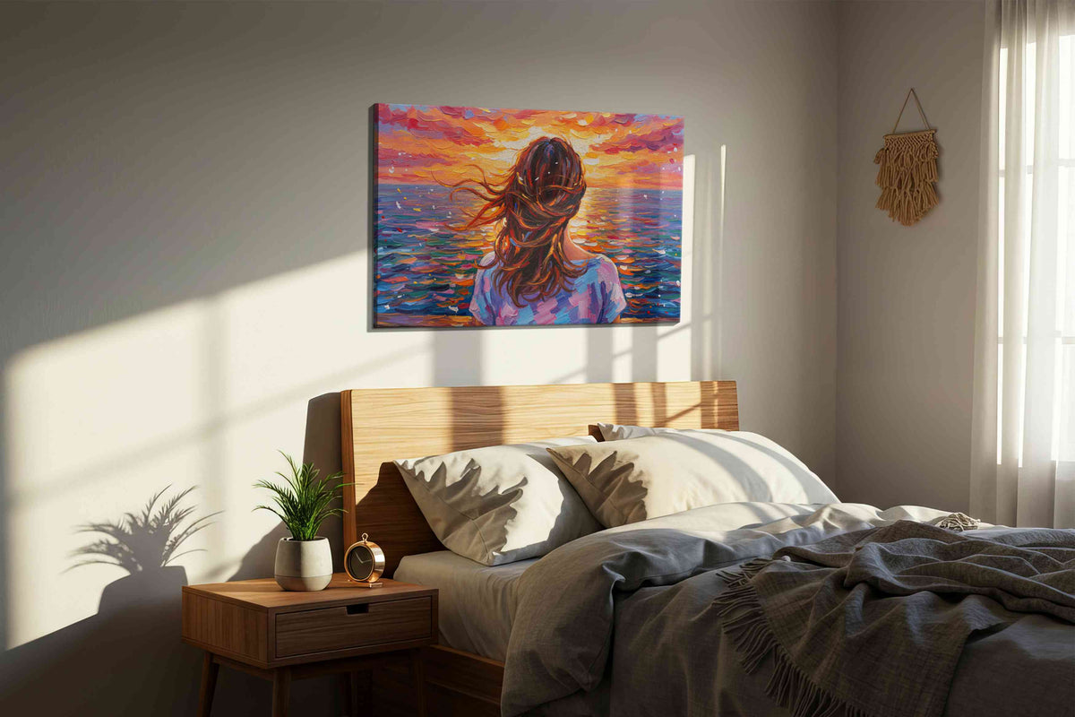 Embrace the Horizon romance canvas print, displayed in a bedroom