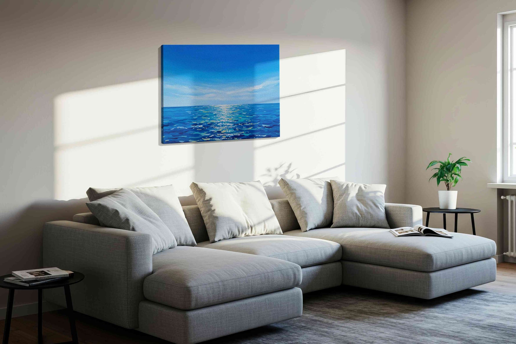 Endless Azure Reflections ocean canvas print, displayed in a living room