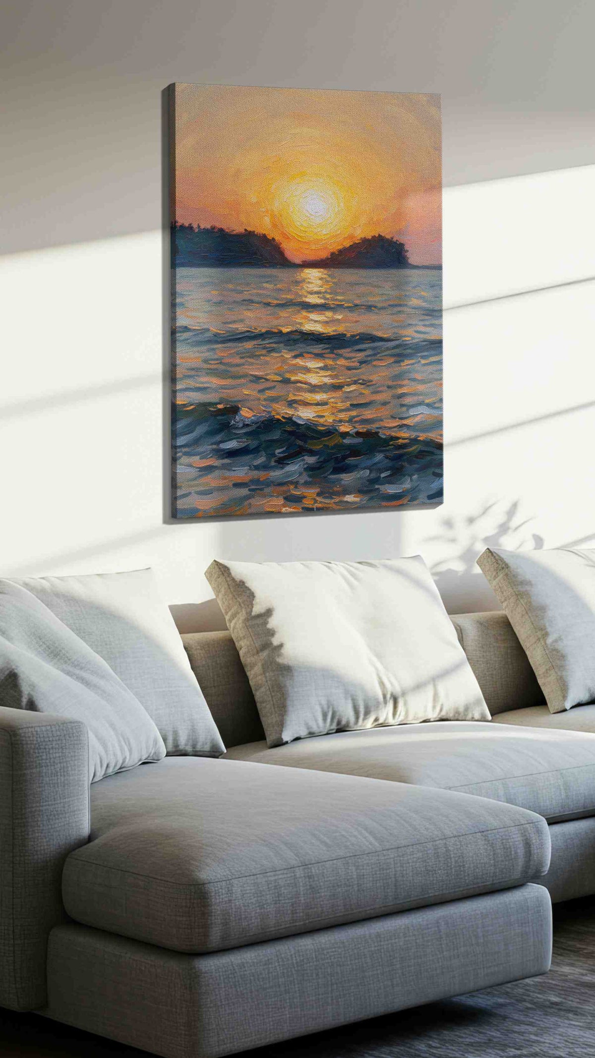 Eternal Sun's Embrace landscape canvas print, displayed in a living room