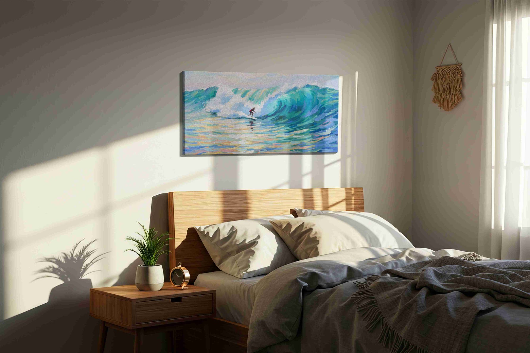 Euphoric Wave Ride beach canvas print, displayed in a bedroom