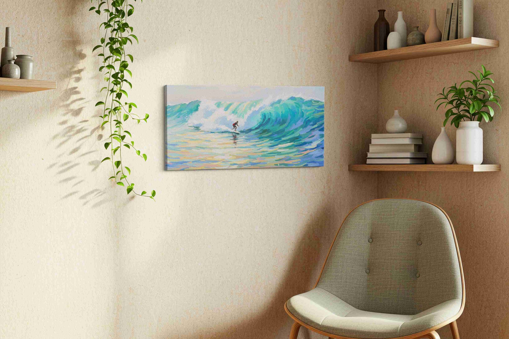 Euphoric Wave Ride beach canvas print, displayed in a living room