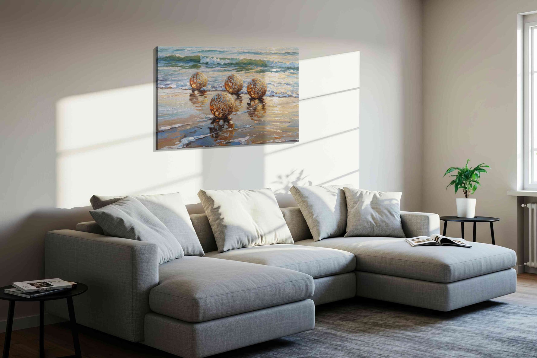 Golden Reflections at Dawn beach canvas print, displayed in a living room