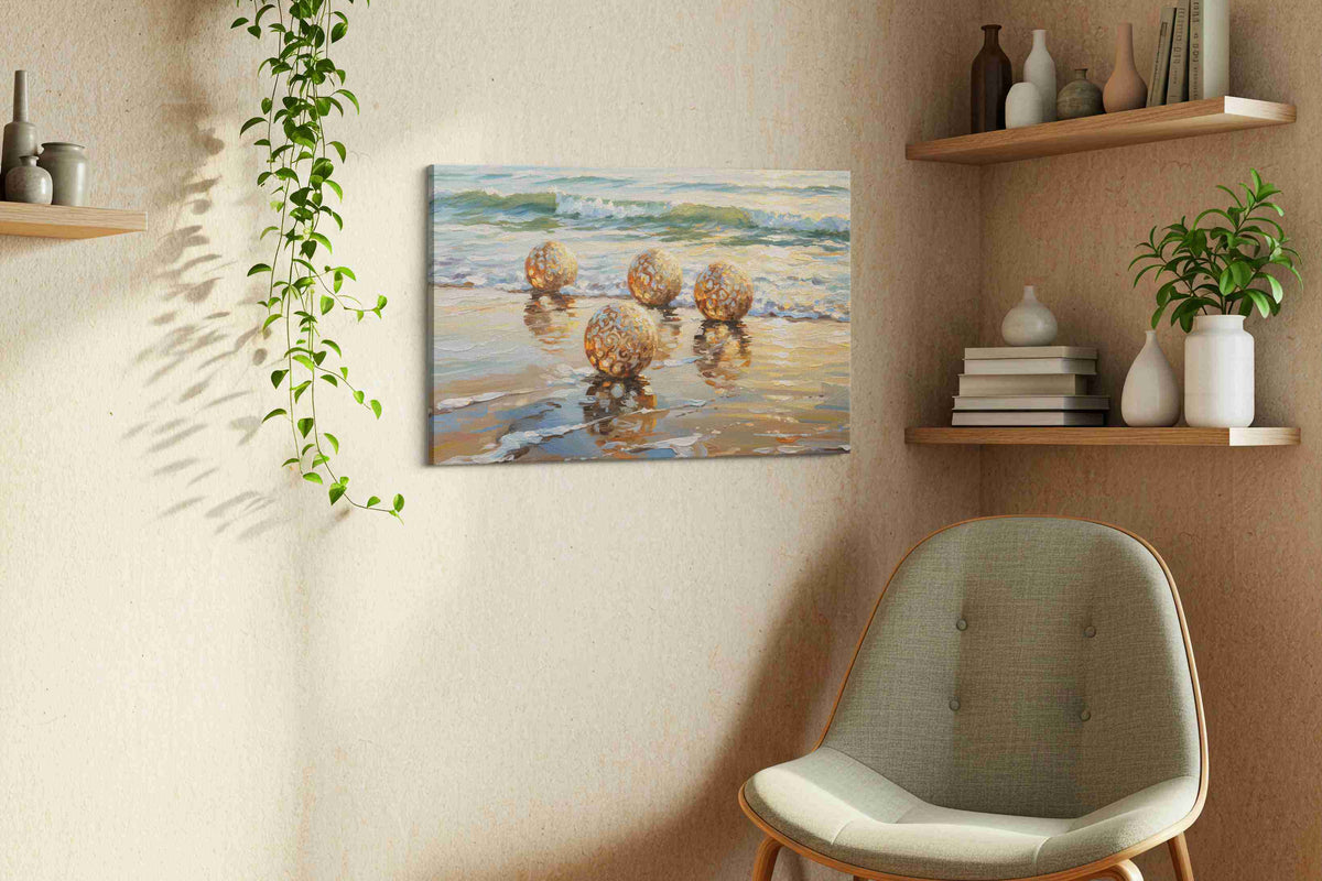 Golden Reflections at Dawn beach canvas print styled in a living room