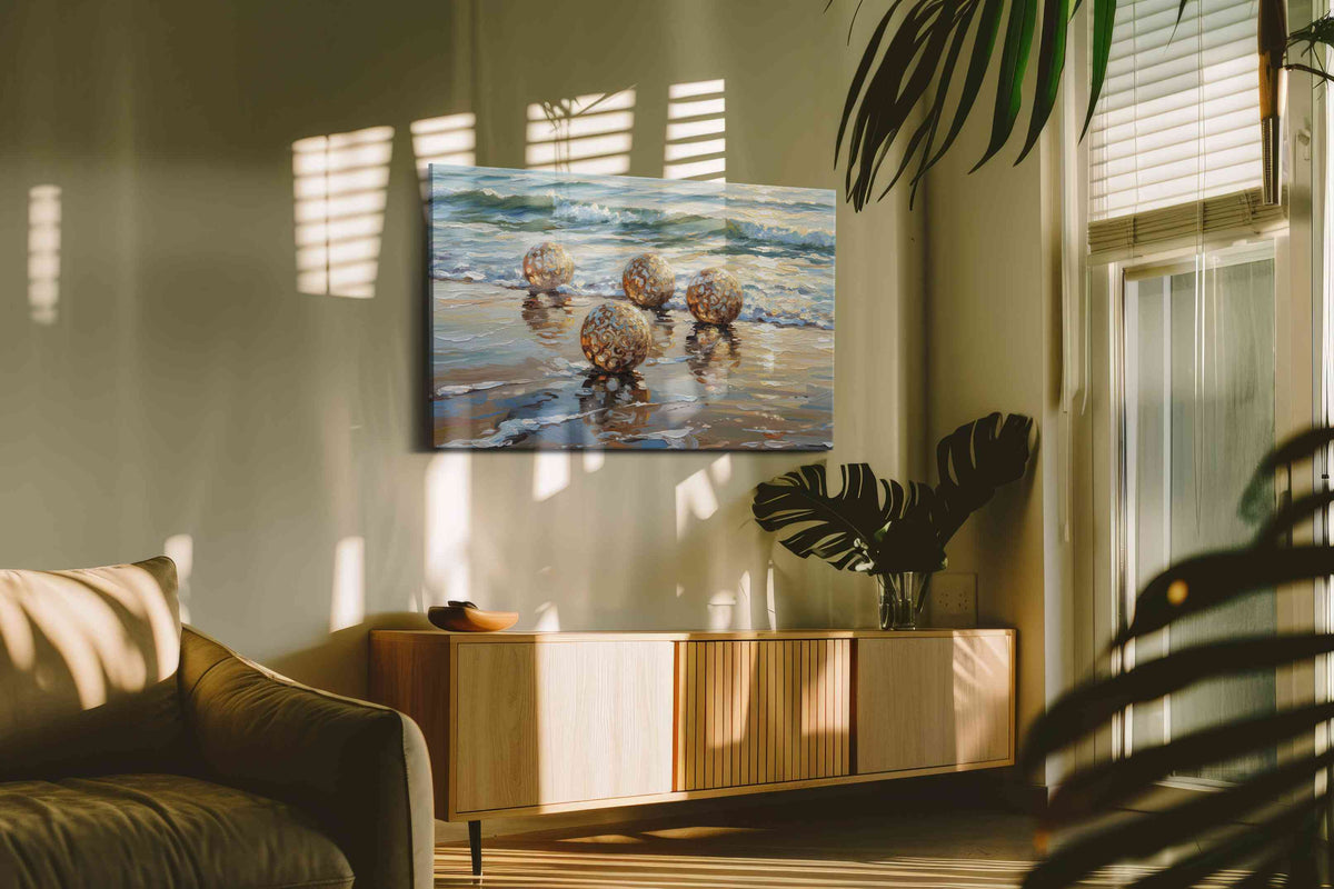 Golden Reflections at Dawn – beach canvas wall art, gallery-wrapped, ready to hang