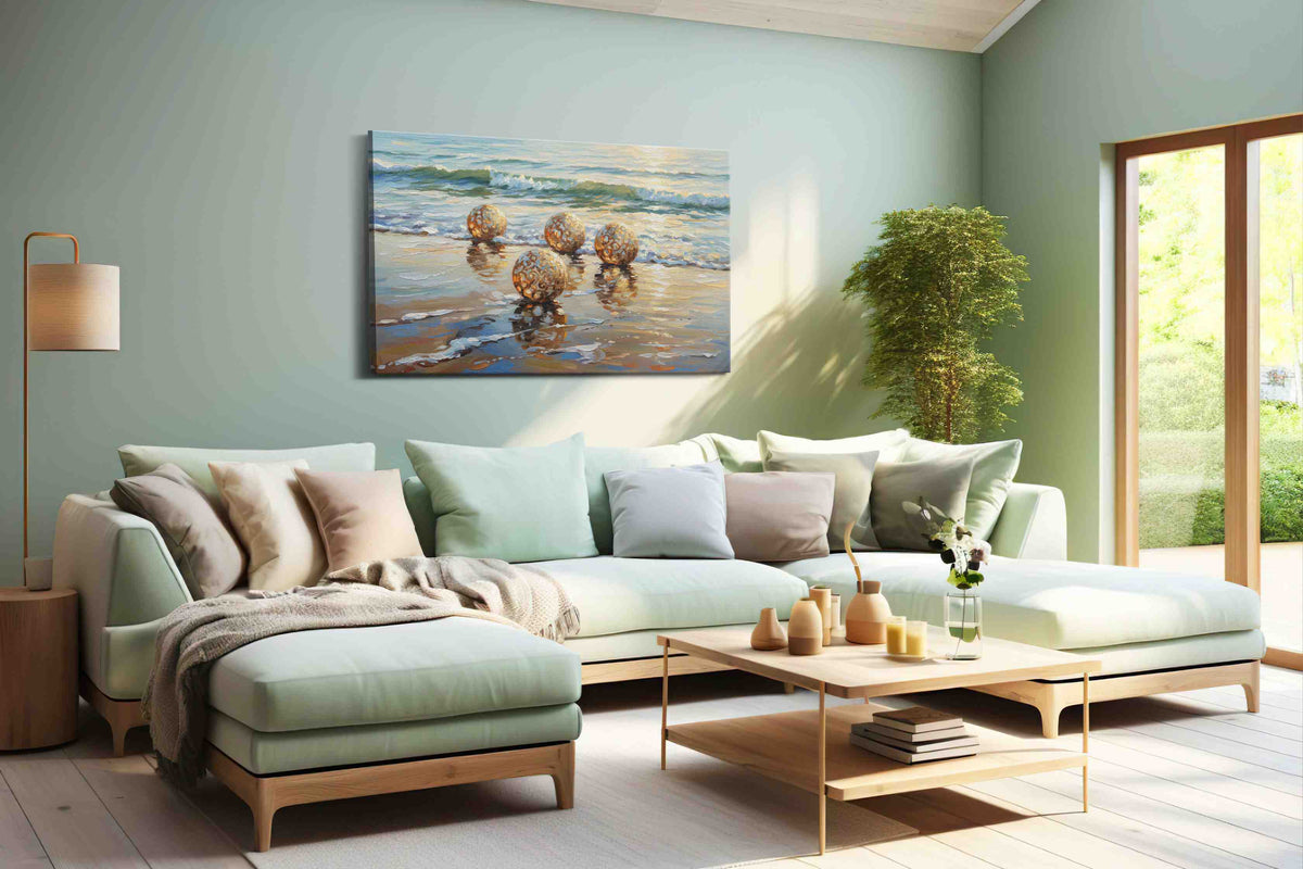 Golden Reflections at Dawn beach canvas print, hanging on wall