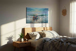 Journey at Dawn's Embrace beach canvas print, displayed in a bedroom