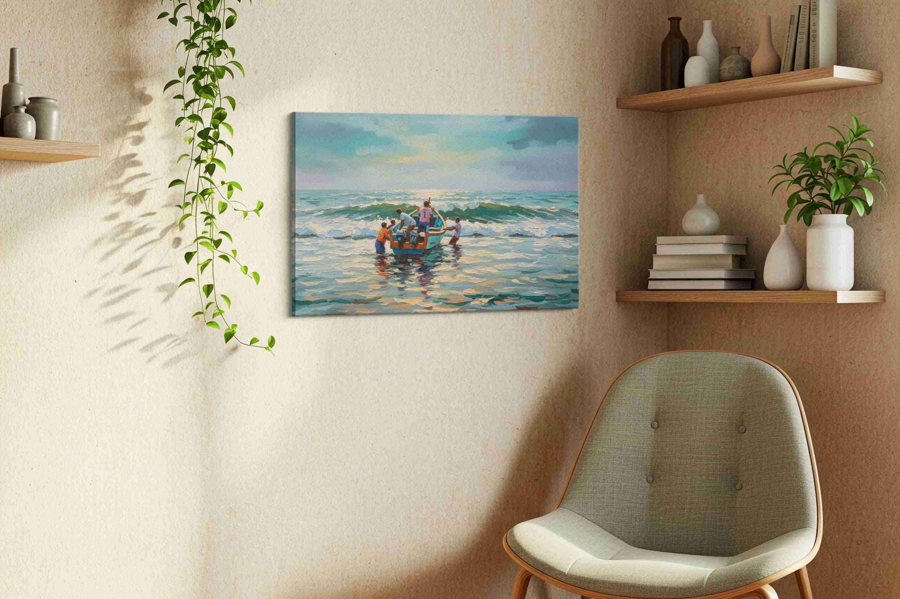 Journey at Dawn's Embrace beach canvas print styled in a living room