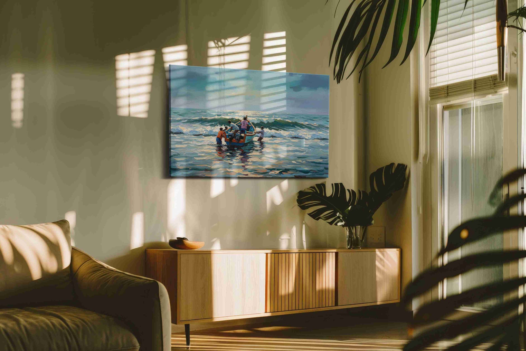 Journey at Dawn's Embrace beach canvas print, on wall, lifestyle preview