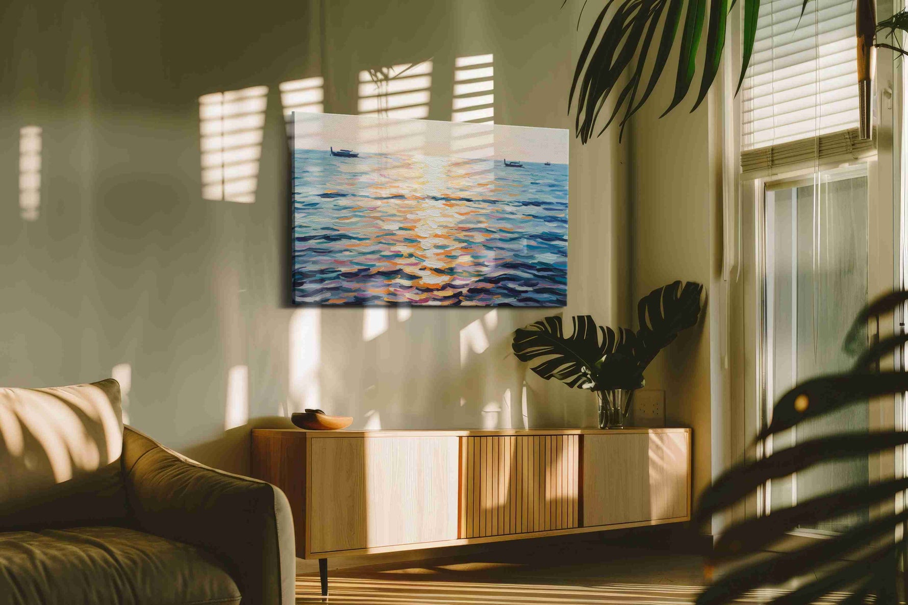 Luminous Ocean Serenade beach canvas print, on wall, lifestyle preview
